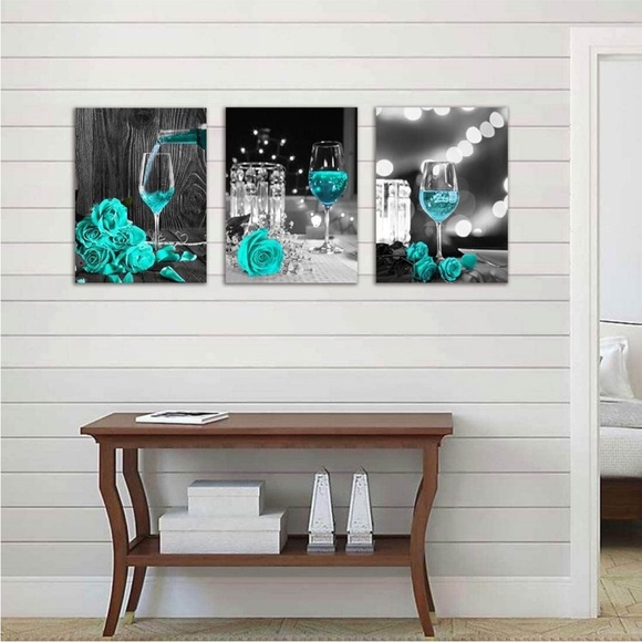 3-Piece Turquoise Canvas Wall Art – Wine Glass & Rose Decor - Picture 4 of 6